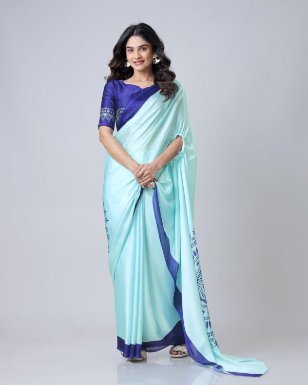 Glowing Sky Blue Color Japan Satin Digital Print Work Saree