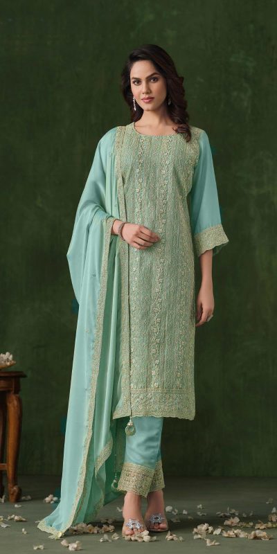 Glowing Sky Blue Color Rangoli Coding Sequence Work Salwar Suit