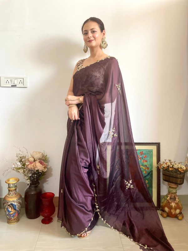 Gorgeous Brown Color Rangoli Silk Handwork Cutwork Pearl Saree