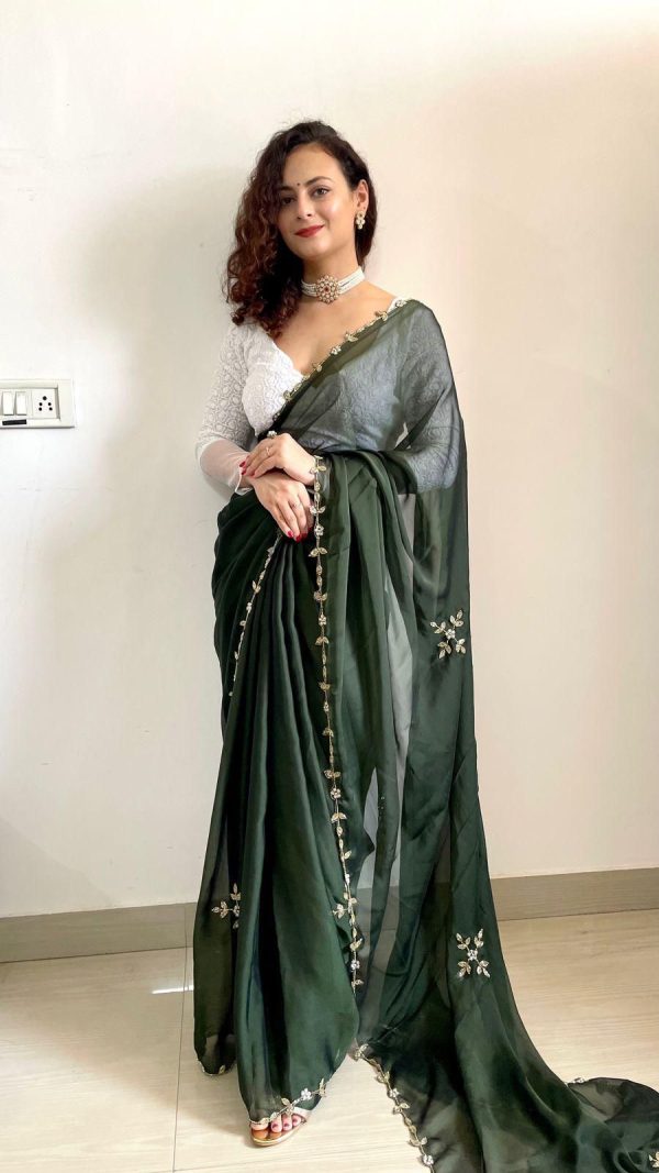 Gorgeous Green Color Rangoli Silk Handwork Cutwork Pearl Saree
