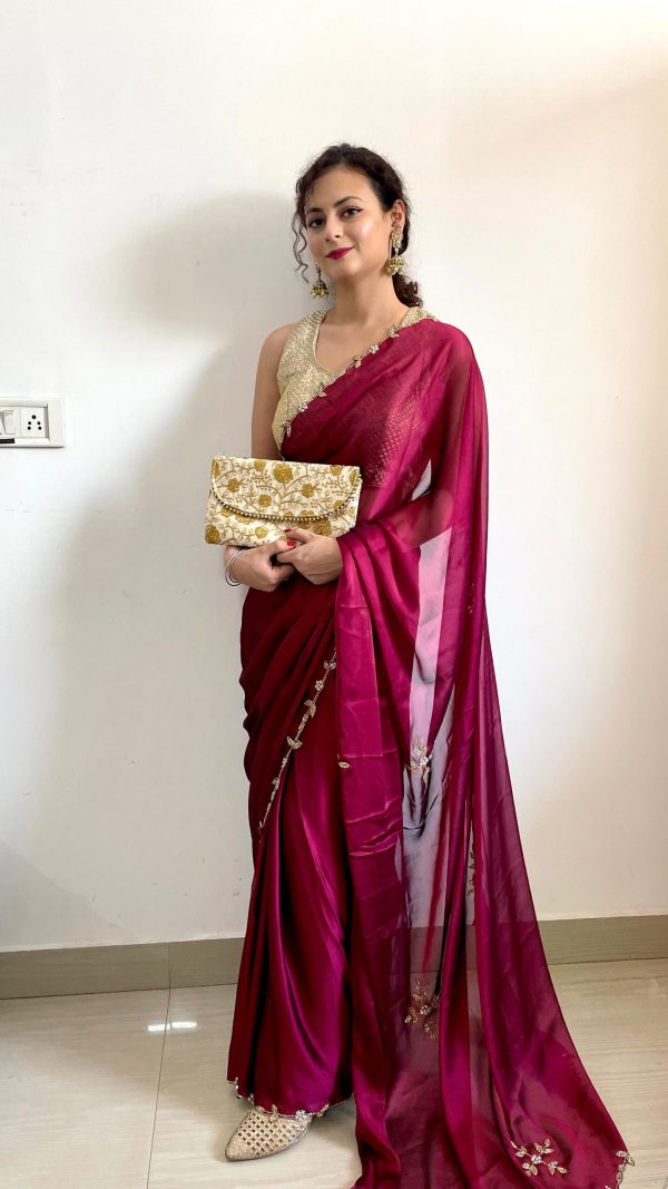Gorgeous Rani Pink Color Rangoli Silk Handwork Cutwork Pearl Saree