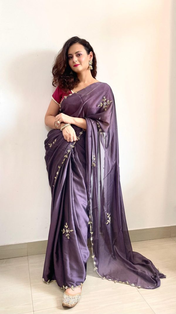 Gorgeous Violet Color Rangoli Silk Handwork Cutwork Pearl Saree