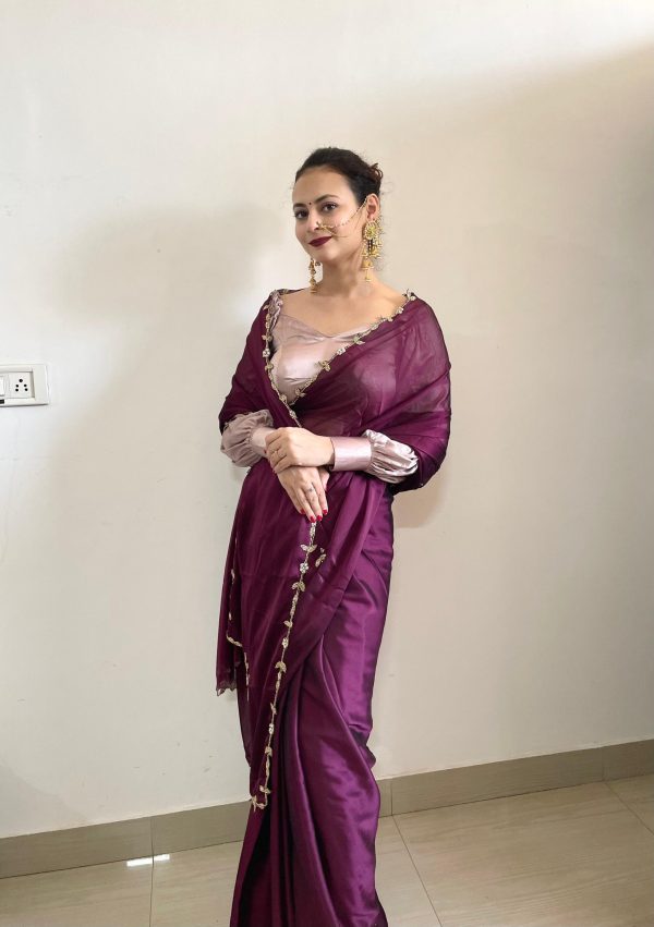 Gorgeous Wine Color Rangoli Silk Handwork Cutwork Pearl Saree