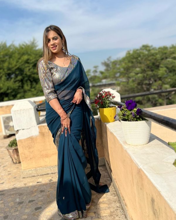 Lovely Peacock Blue Color Georgette Sequence Work Lace Saree