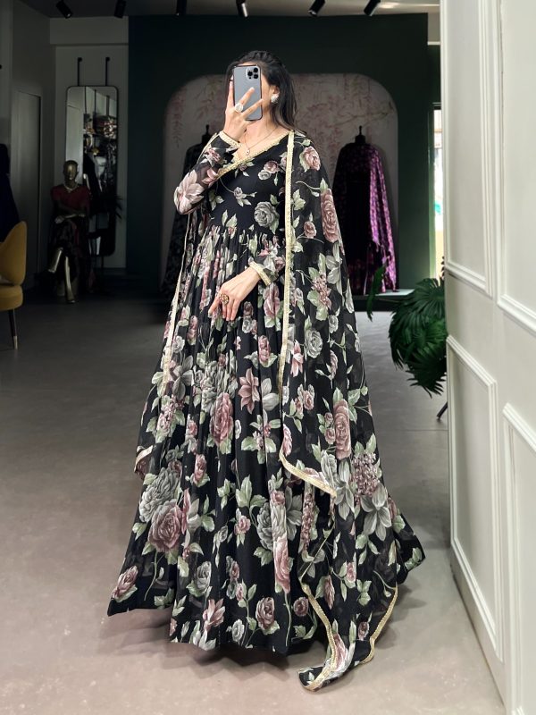 Magical Black Color Marble Floral Print Lace Touch Up Gown