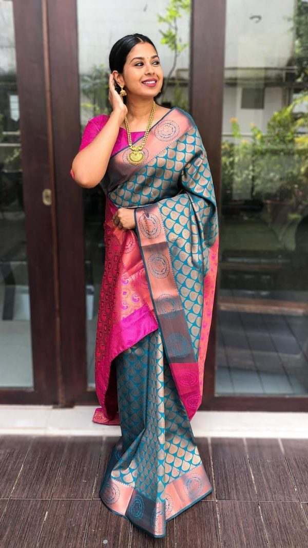 Magical Blue Color Soft Litchi Silk jacquard Work On All Over Saree