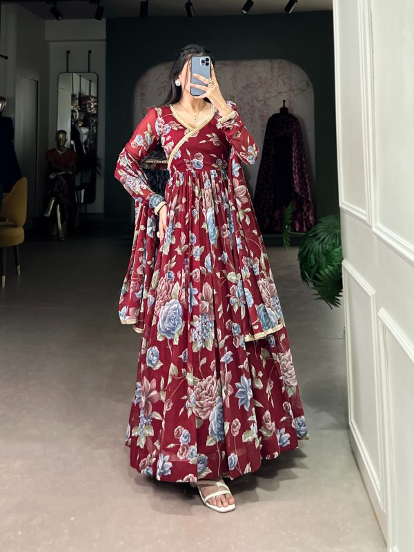 Magical Maroon Color Marble Floral Print Lace Touch Up Gown