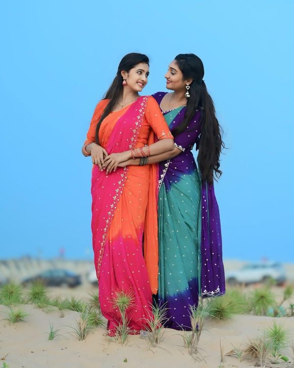 Magical Orange And Pink Color Chinnon Embroidery Sequence Saree
