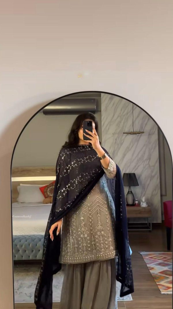 Nice Grey Color Faux Georgette Embroidery Sequence Beads Work Salwar Suit