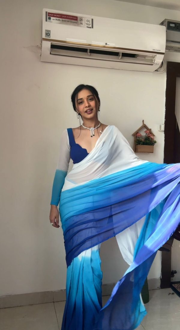 Perfect White And Blue Color Soft Georgette Silk Ready To Wear Saree