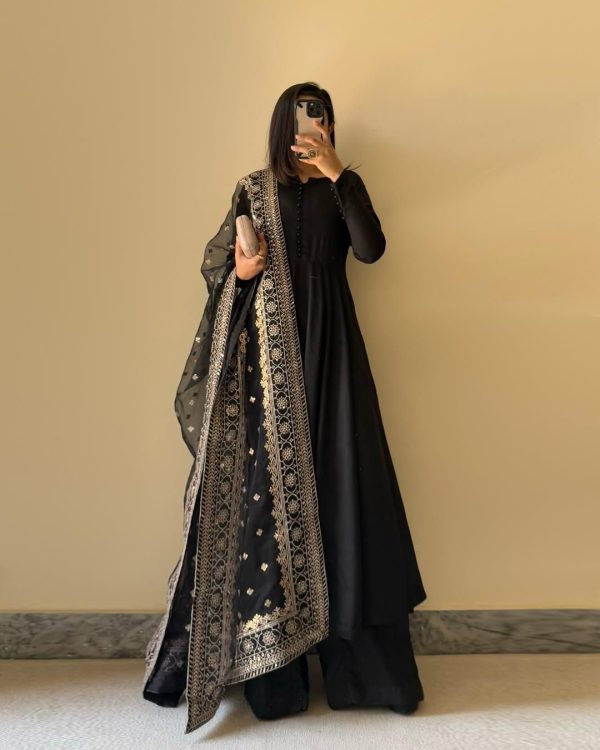 Presenting Black Color Chinon Silk With Inner Plain Anarkali Gown