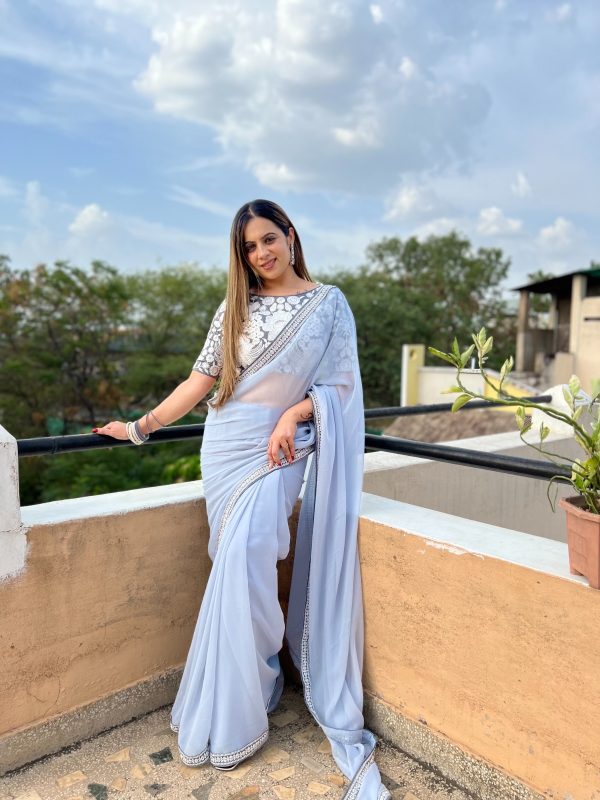 Pretty Light Purple Color Georgette Embroidery Work Lace Saree