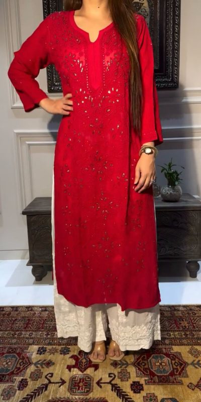 Pretty Red Color Rayon Embroidery Foil Thread Work Salwar Suit
