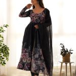Stylist Black Color Soft Organza Silk Print With Kali Gown