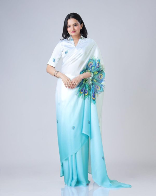 Stylist Blue And White Color Japan Satin Digital Print Work Saree