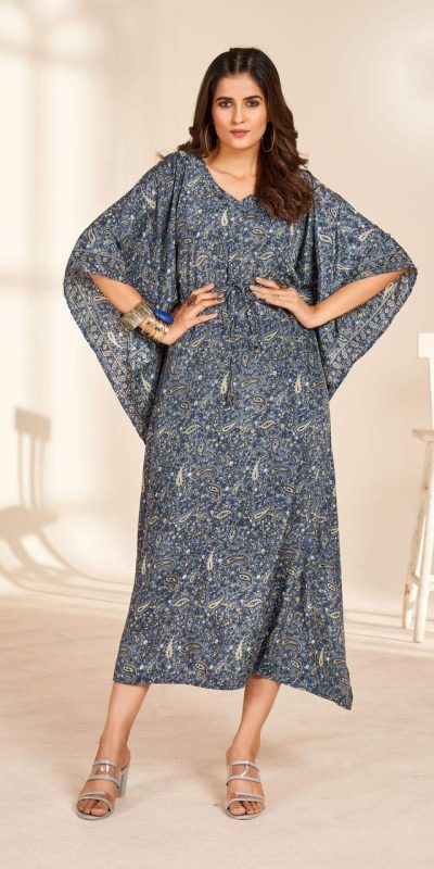 Stylist Grey Color Heavy French Crape Print Kaftan Suit