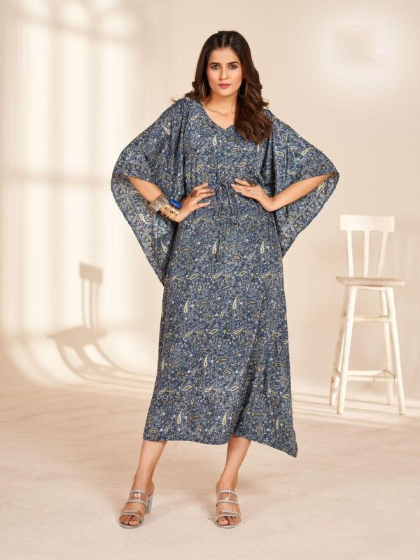 Stylist Grey Color Heavy French Crape Print Kaftan Suit