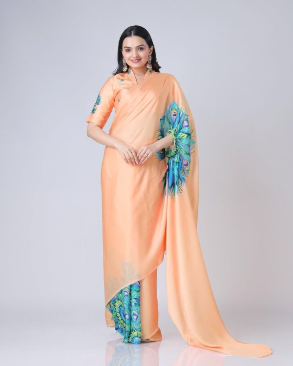 Stylist Peach Color Japan Satin Digital Print Work Saree