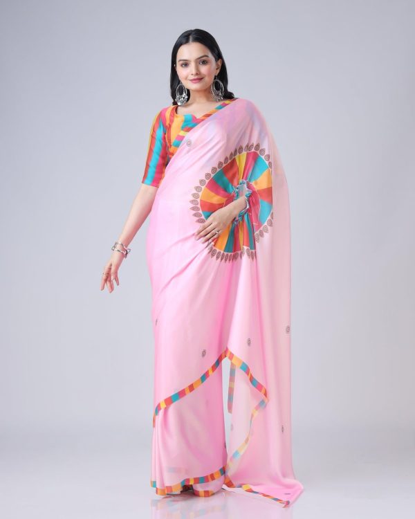 Stylist Pink Color Japan Satin Digital Print Work Saree