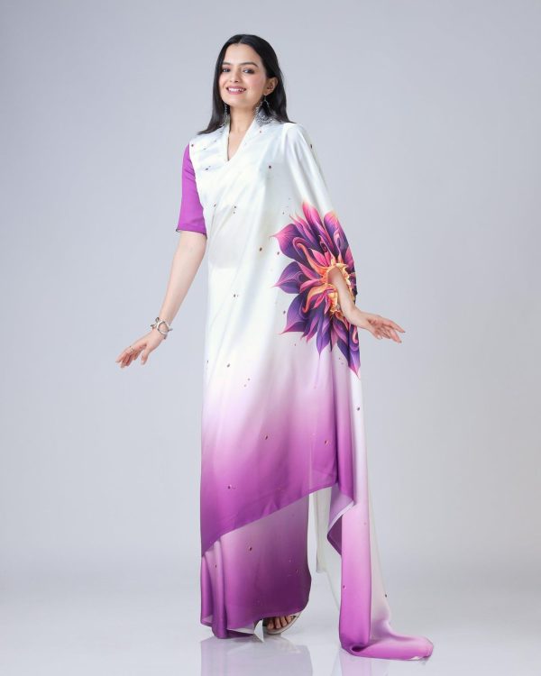 Stylist Purple And White Color Japan Satin Digital Print Work Saree