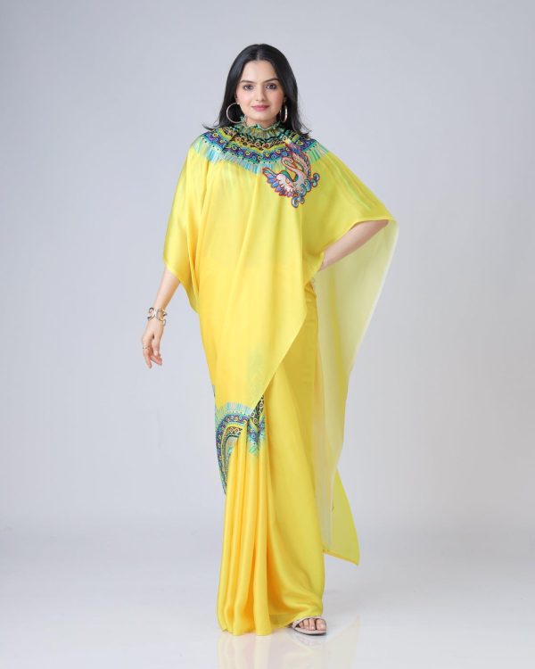 Stylist Yellow Color Japan Satin Digital Print Work Saree