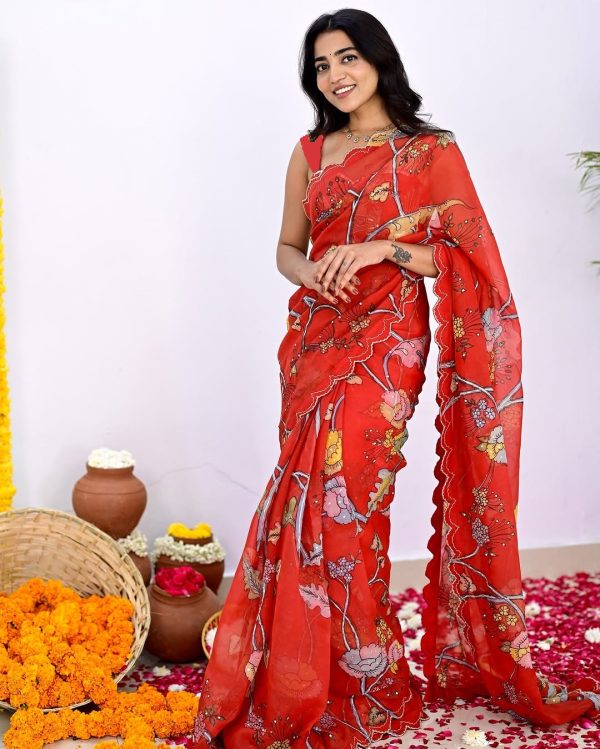 Super Red Color Vichitra Silk Digital Prints Mirror Sequence Work Saree