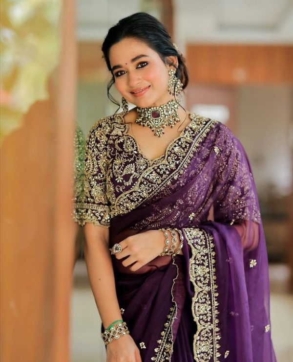 Super Purple Color Soft Organza Silk Thread Sequence Work Saree