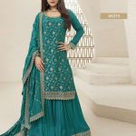 Superb Blue Color Jacquard Silk Chinon Multi Work Salwar Suit