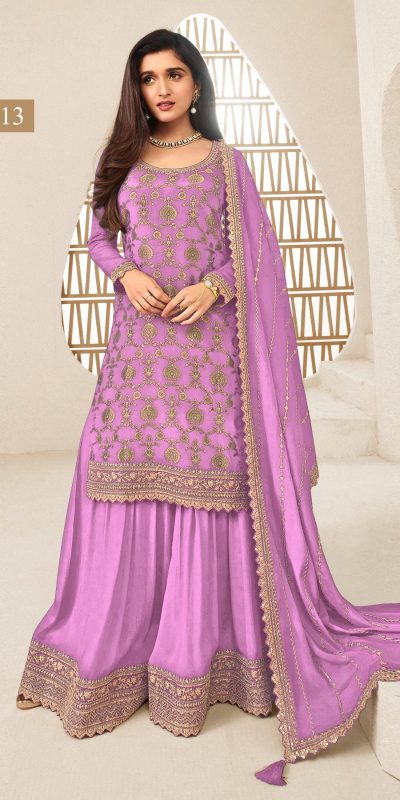 Superb Light Purple Color Jacquard Silk Chinon Multi Work Salwar Suit