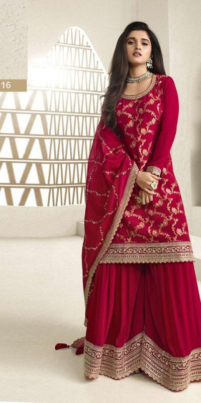 Superb Red Color Jacquard Silk Chinon Multi Work Salwar Suit