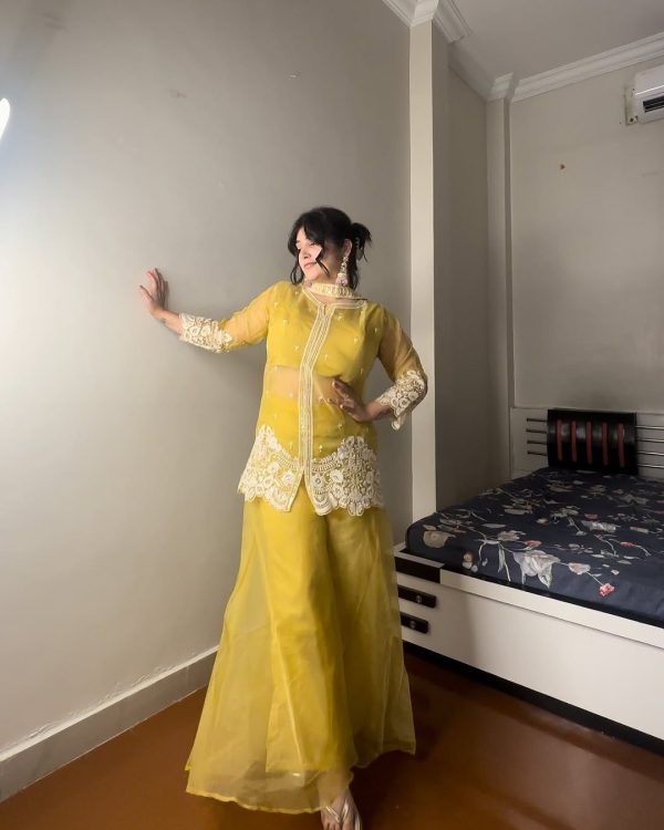 Superb Yellow Color Organza Sequence Work Indo-Western Suit