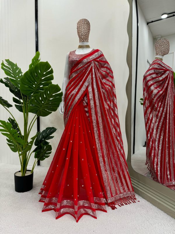 Traditional Red Color Georgette Thread Sequence Work Saree
