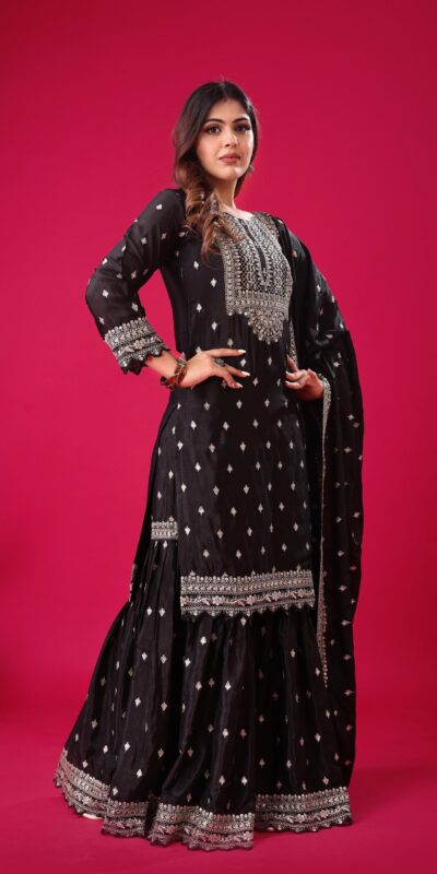 ZF 5006 Black Color Chinon Silk Sequence Work Salwar Suit Casual, Wedding, Festive, Events . Expected Delivery  4-6 Working Days @2149/- only      | Casual Suits, Jump Suits, Creative suits, Designer Suits, Palazzo Suits, Party Wear Suits, Patiala Suits, Salwar suit, Straight Suits