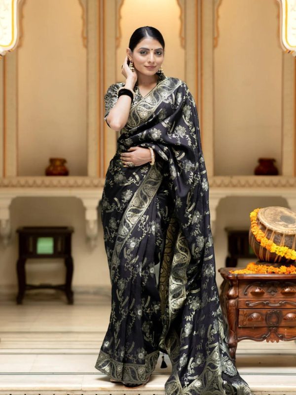 Bright Black Color Soft Litchi Silk All Over Weaving Saree