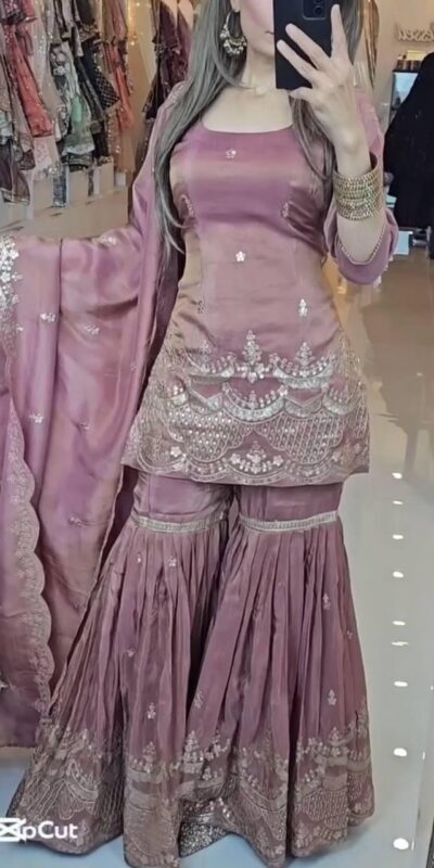 SSR 511 Onion Color Chinon Silk Sequence Work Salwar Suit Casual, Wedding, Festive, Events . Expected Delivery  4-6 Working Days @2099/- only      | Casual Suits, Jump Suits, Creative suits, Designer Suits, Palazzo Suits, Party Wear Suits, Patiala Suits, Salwar suit, Straight Suits