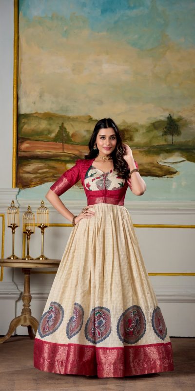 YNF 5310 Red Color Dola Silk Kalamkari Print Zari Weaving Broder Gown Casual, Wedding, Party, Festive, Events Etc.4-6 Working Days@ 1749/-only | Bollywood Gowns, Creative Gowns, Designer Gowns, Embroidered Gowns, Gowns, Party Wear Gowns