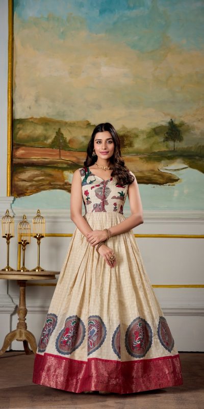 YNF 5310 Red Color Dola Silk Kalamkari Print Zari Weaving Broder Gown Casual, Wedding, Party, Festive, Events Etc.4-6 Working Days@ 1749/-only | Bollywood Gowns, Creative Gowns, Designer Gowns, Embroidered Gowns, Gowns, Party Wear Gowns