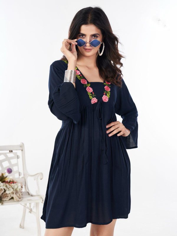 Fancy Navy Blue Color Rayon Heavy Embroidery Work Kurti
