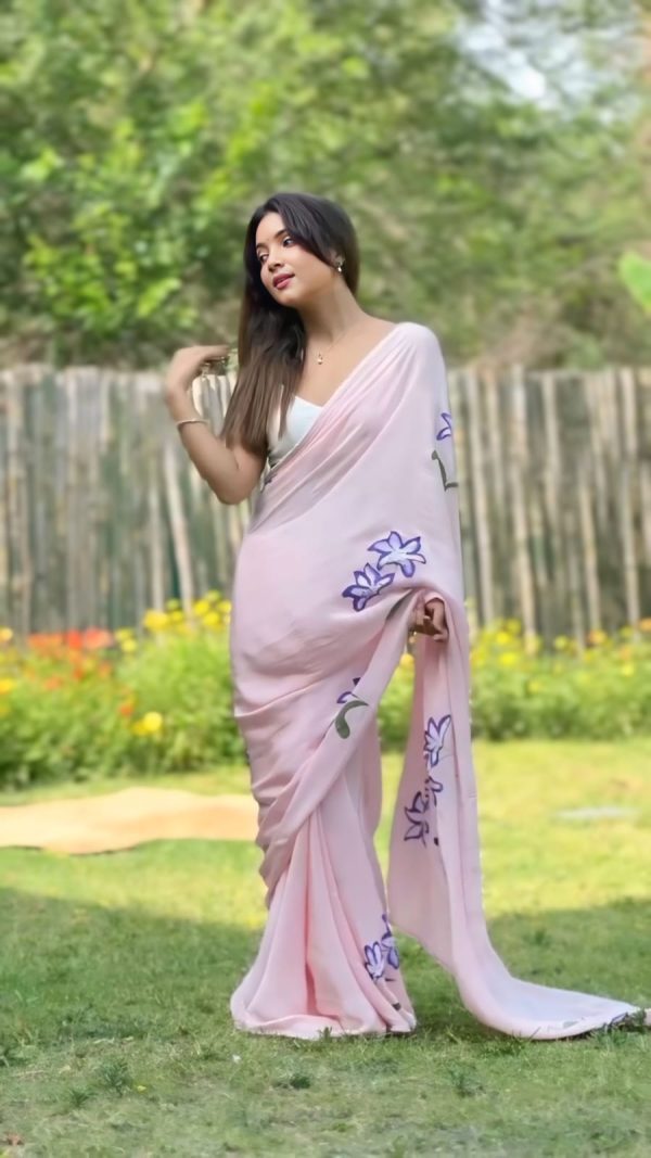 Fancy Pink Color Pure Soft Georgette Silk Pari Work Saree