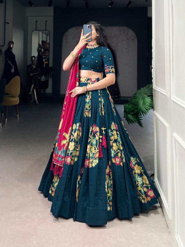Wonderful Peacock Blue Color Tushar Silk Printed Foil Work Lehenga Choli