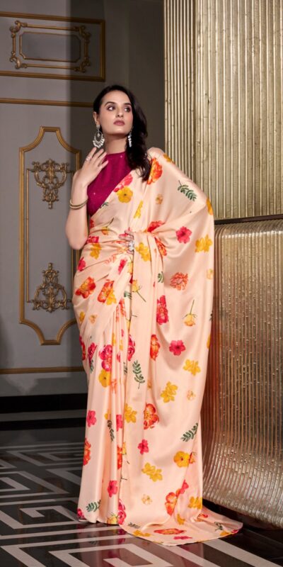 YNF 7026 Cream Color Satin Silk Printed Saree Casual, Wedding, Festive, Events . Expected Delivery 4-6 Working Days @1599/- only | Embroidered Sarees, Bollywood Sarees, Creative Sarees, Designer Sarees, Ethnic Saree, Modern Digital sarees, Party Wear Sarees, Sarees