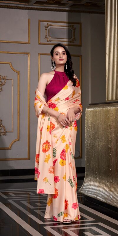 YNF 7026 Cream Color Satin Silk Printed Saree Casual, Wedding, Festive, Events . Expected Delivery  4-6 Working Days @1599/- only                                                                                                                                           | Embroidered Sarees, Bollywood Sarees, Creative Sarees, Designer Sarees, Ethnic Saree, Modern Digital sarees, Party Wear Sarees, Sarees