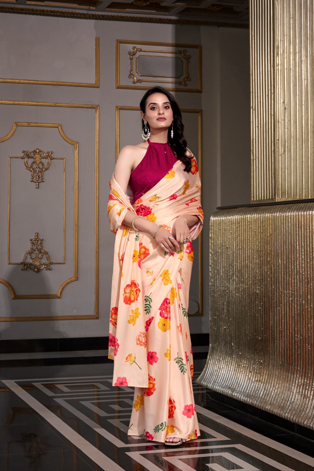 YNF 7026 Cream Color Satin Silk Printed Saree Casual, Wedding, Festive, Events . Expected Delivery 4-6 Working Days @1599/- only | Embroidered Sarees, Bollywood Sarees, Creative Sarees, Designer Sarees, Ethnic Saree, Modern Digital sarees, Party Wear Sarees, Sarees