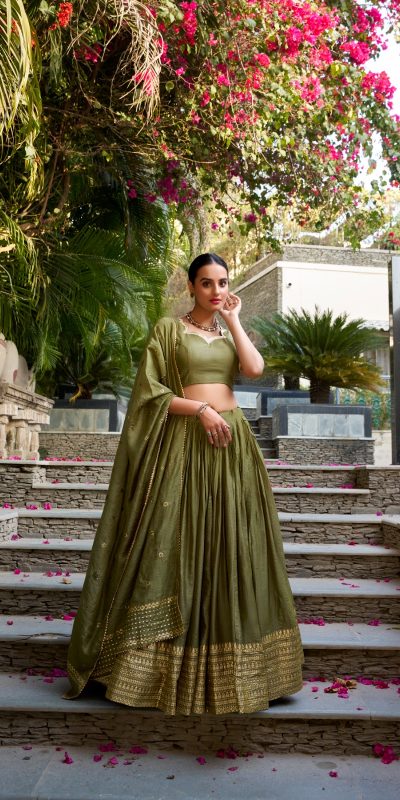 Mehndi Chanderi Plain With Zari Weaving Work Border Lehenga Choli