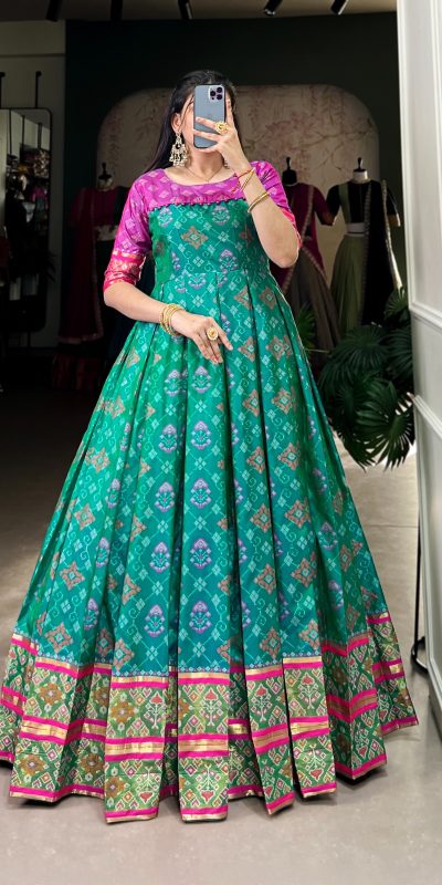Firozi Jacquard Patola Gown