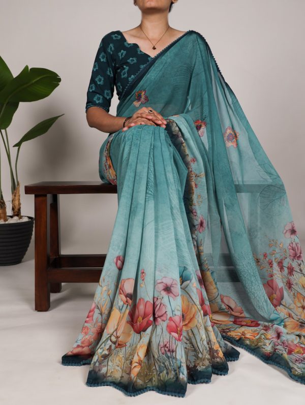 Teal Georgette Floral Saree