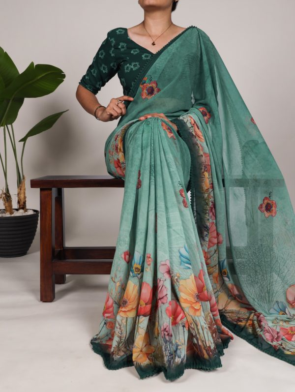 Green Georgette Floral Saree