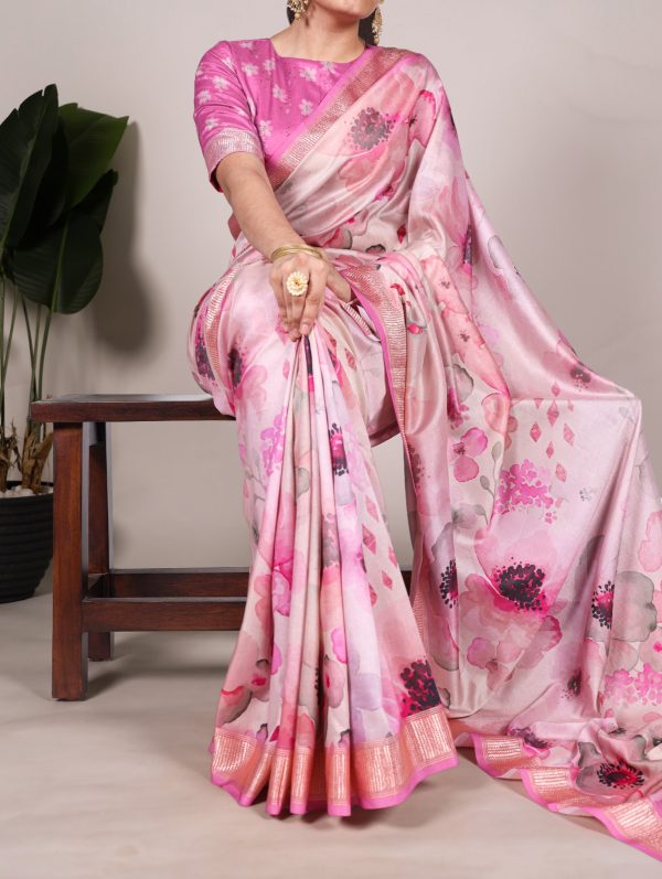 Pink Tussar Printed Saree