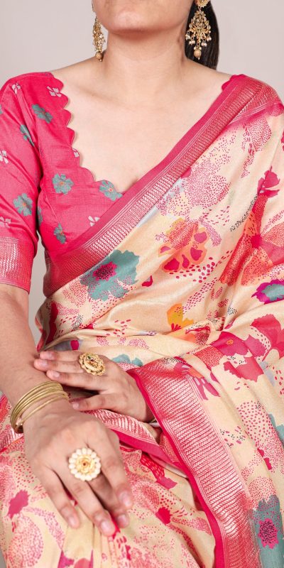 Off White Tussar Printed Saree