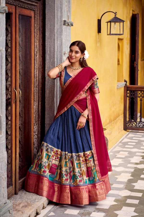 Navy Blue Chanderi Kalamkari Lehenga Choli